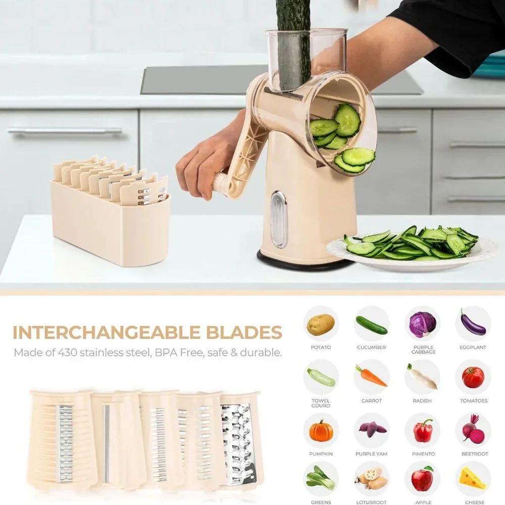 Rotary Cheese Grater w/Handle &5 Blades, Round Slicer & Vegetable Grater
